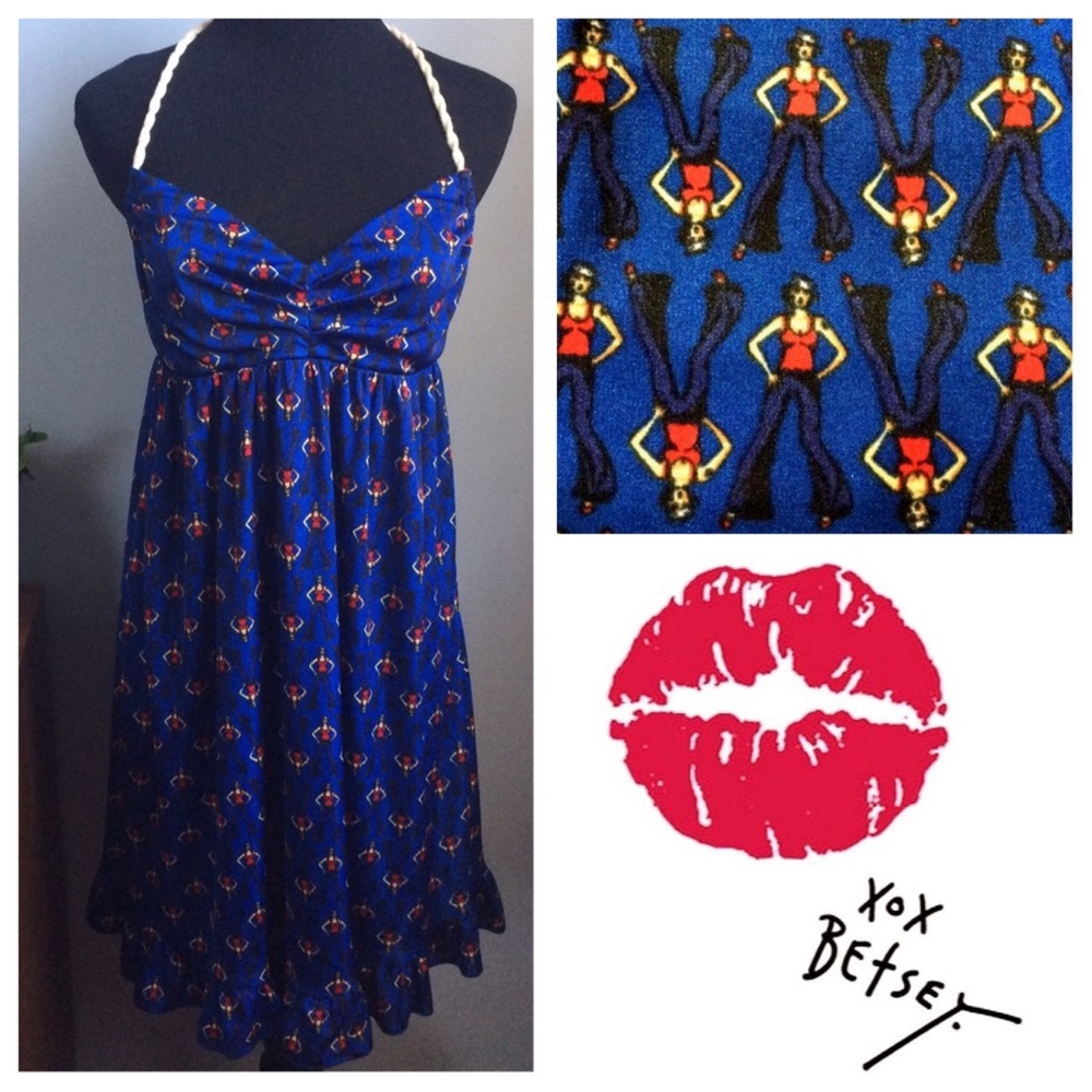 Vintage Betsey Johnson Blue Dress with Red and Yellow Woman Pattern